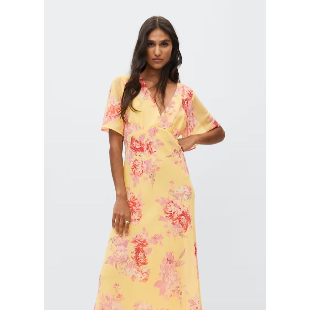 Mango‎ Dress Babydoll Midi Plus 3XL Yellow Floral Empire Waist V Neck NEW